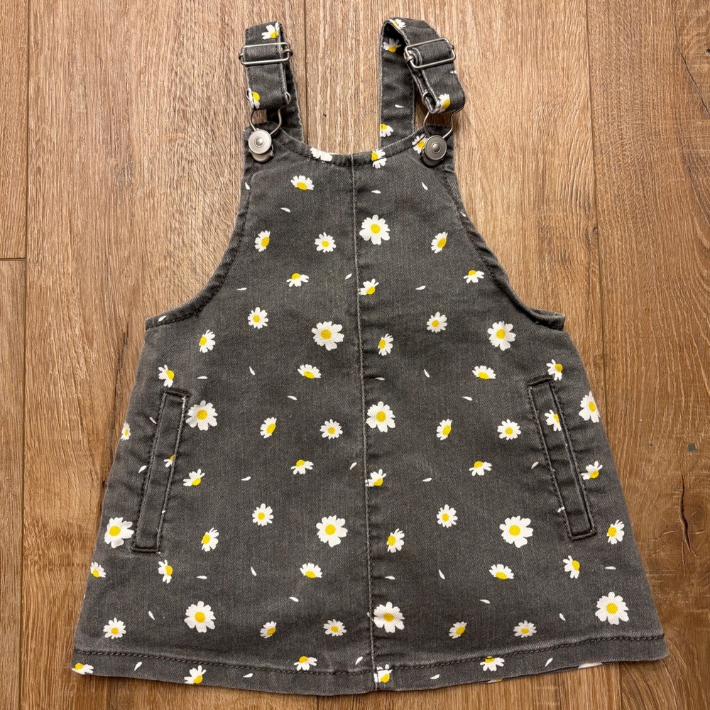 daisy print denim overall dress